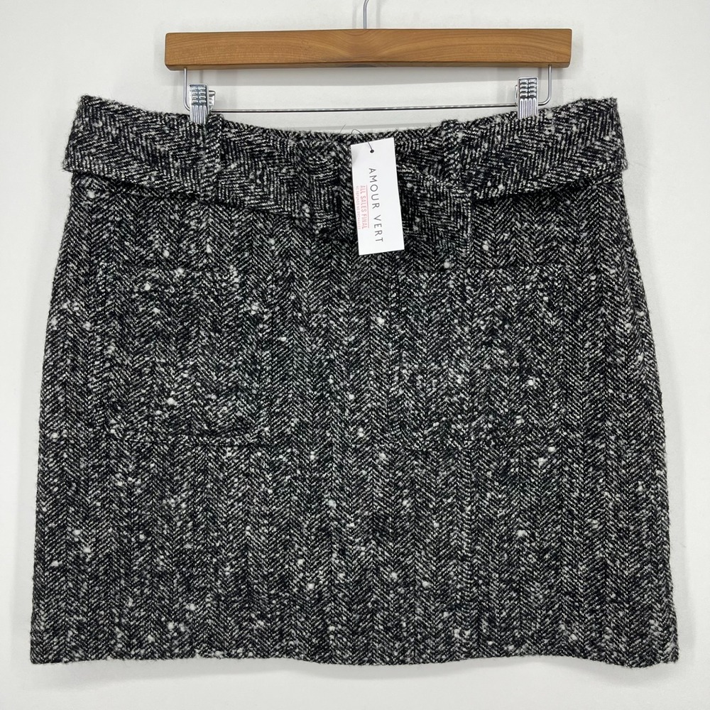 Amour Vert Ira Mini Skirt Women's XL Gray Herringbone Wool Blend Belted New‎ NWT